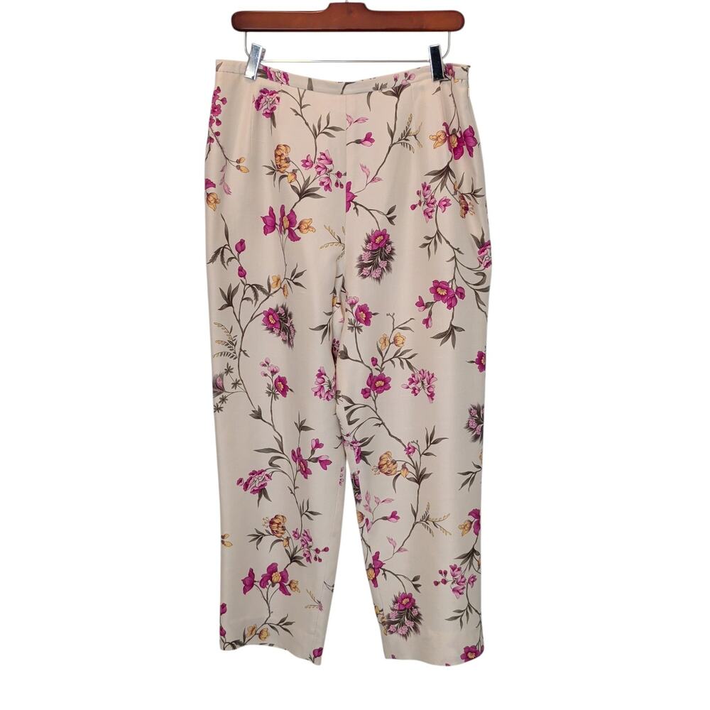 Vintage Talbots Sz 12 100% Silk White Purple Floral Botanical Print Pants